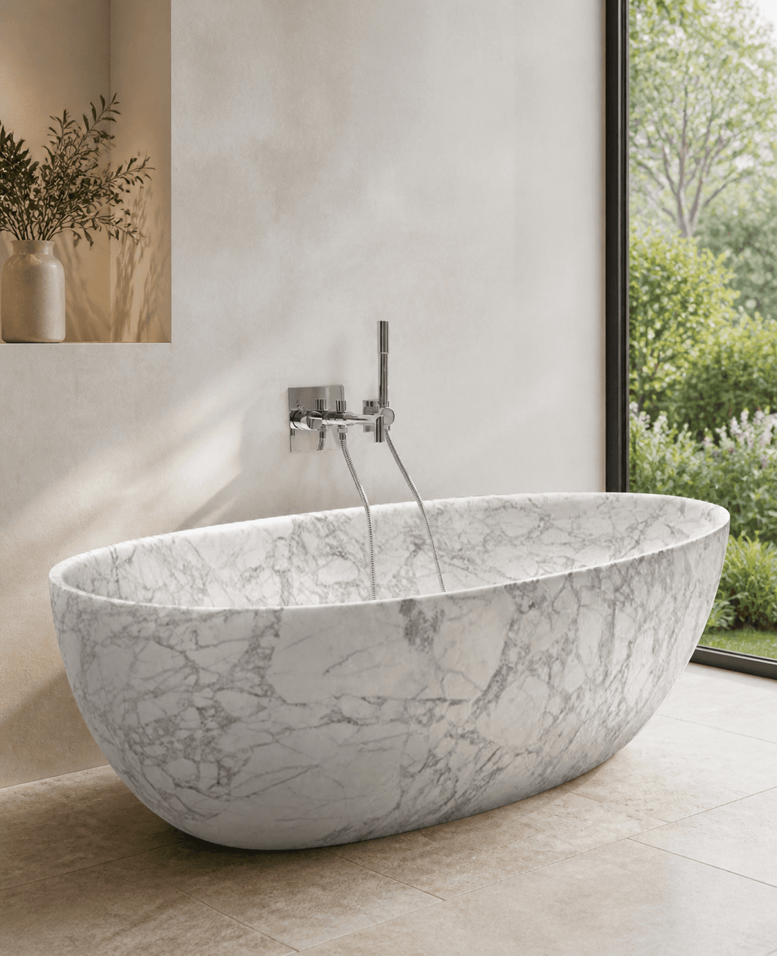 Custom marble bathtub carved and finished from natural stone