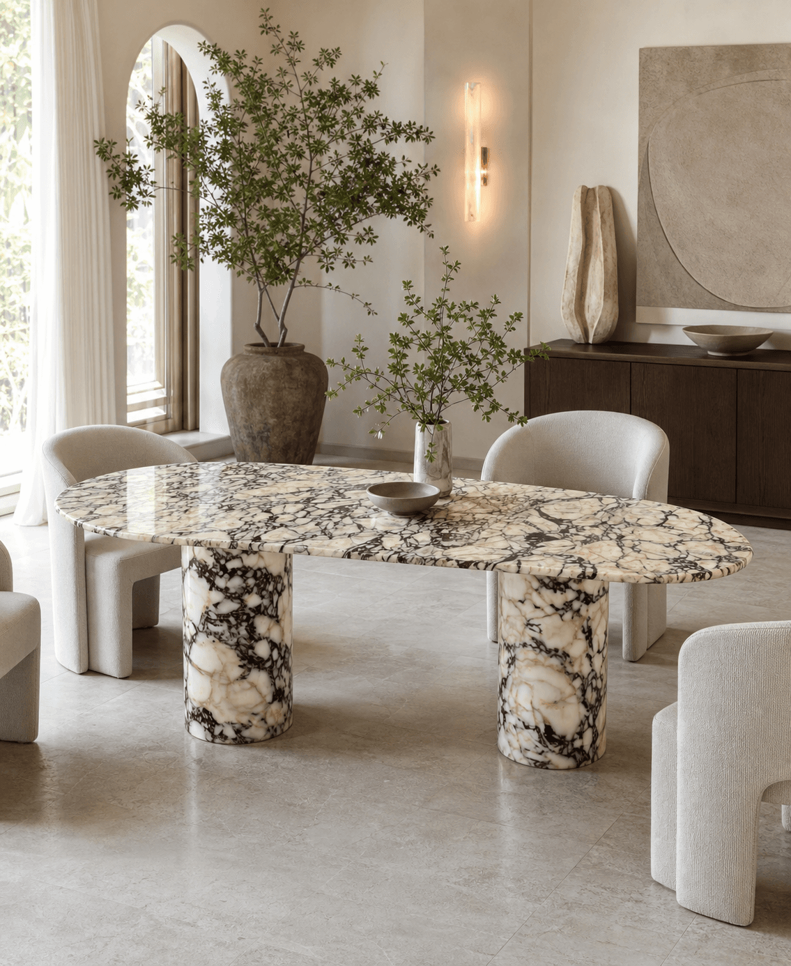 Custom natural stone dining table fabricated from marble or quartzite
