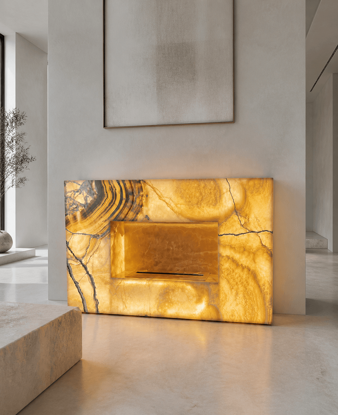 Custom stone fireplace surround fabricated from natural stone slabs