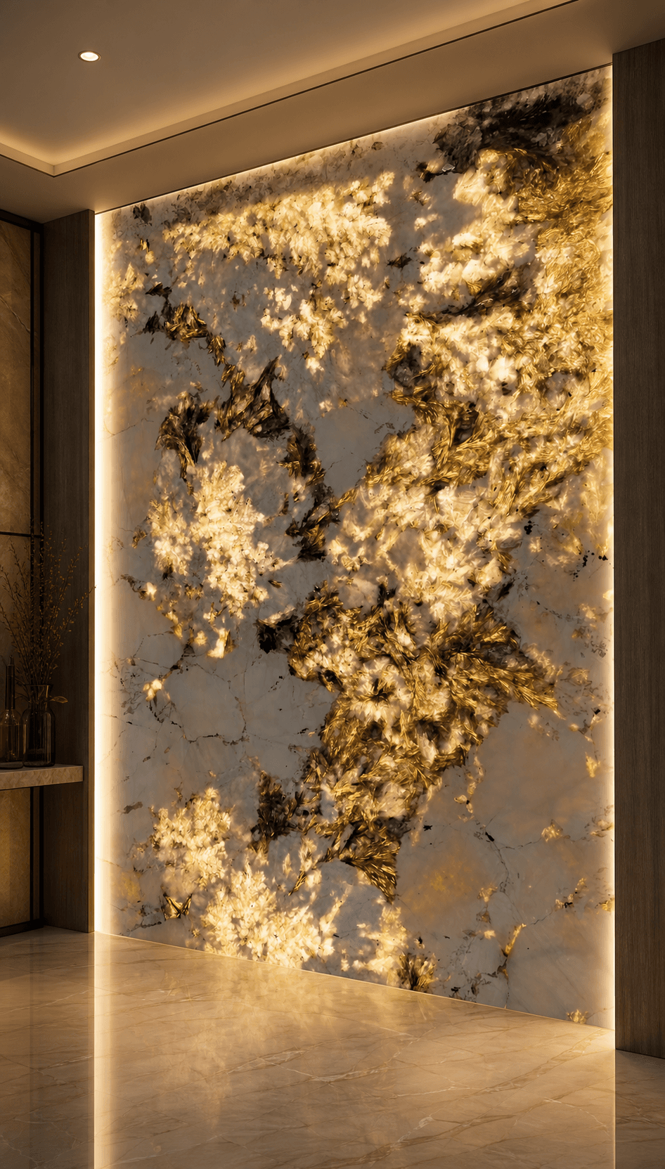 Backlit natural stone feature wall made from selected translucent slabs