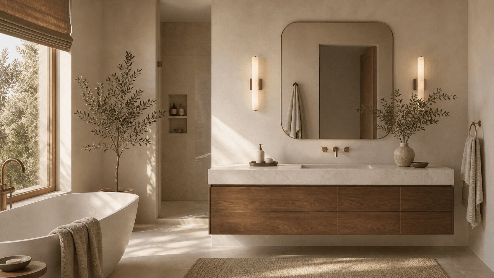 Custom stone bathroom vanity top and wall surfaces for a warm bathroom