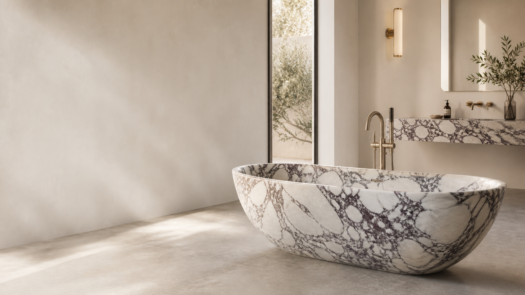 Calacatta Viola marble bathtub in a warm contemporary bathroom