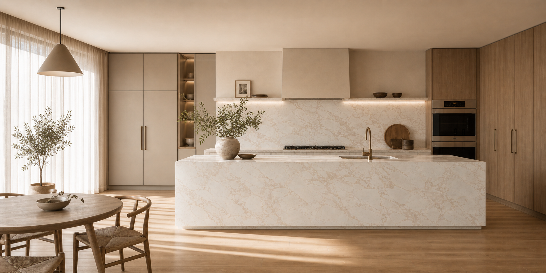 Warm kitchen with stone island and backsplash