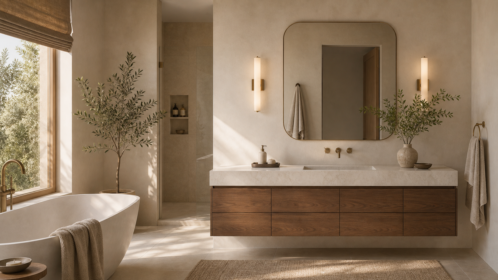 Warm bathroom with custom stone surfaces sourced and fabricated from China